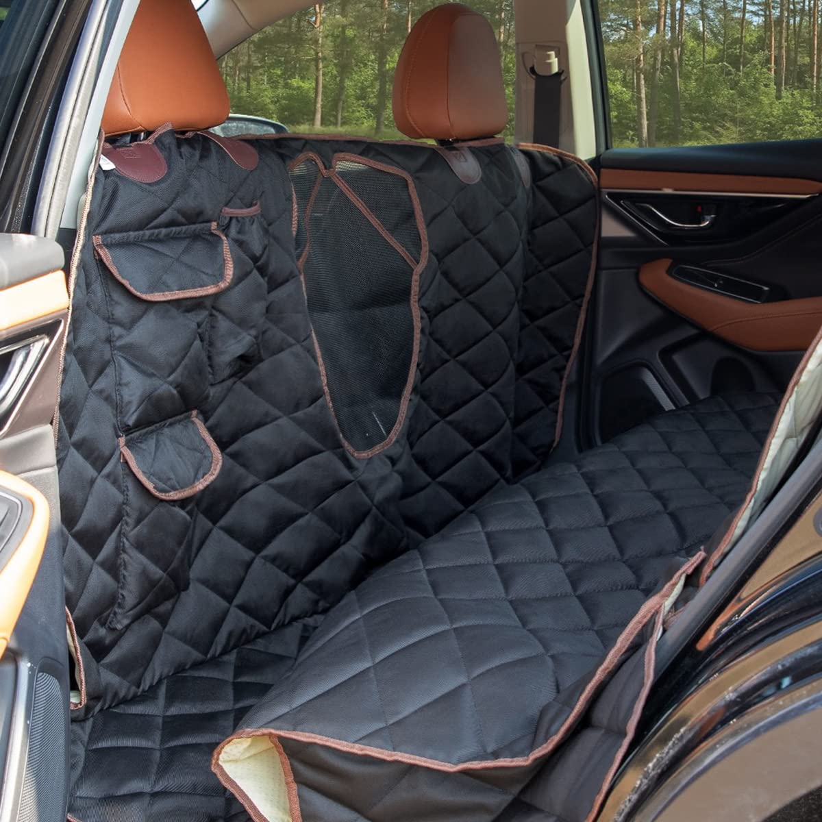 Tapiona XXL (63”Wx94”L) Brown Trim with Mesh Window Back Seat Cover for Cars, Trucks & SUVs - Heavy Duty, Washable + Pet Travel Bowl