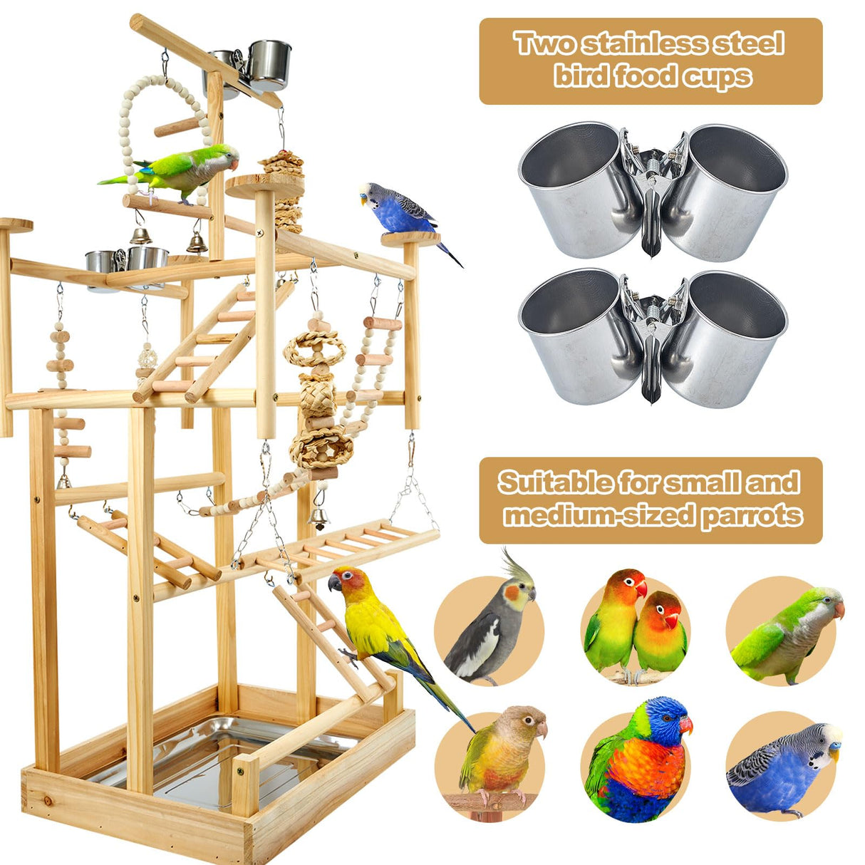 LIMIO Bird Playground - Natural Wood Parrot Playstand with Perches, Bird Play Gym & Accessories, Removable Tray & 4 Stainless Steel Cups