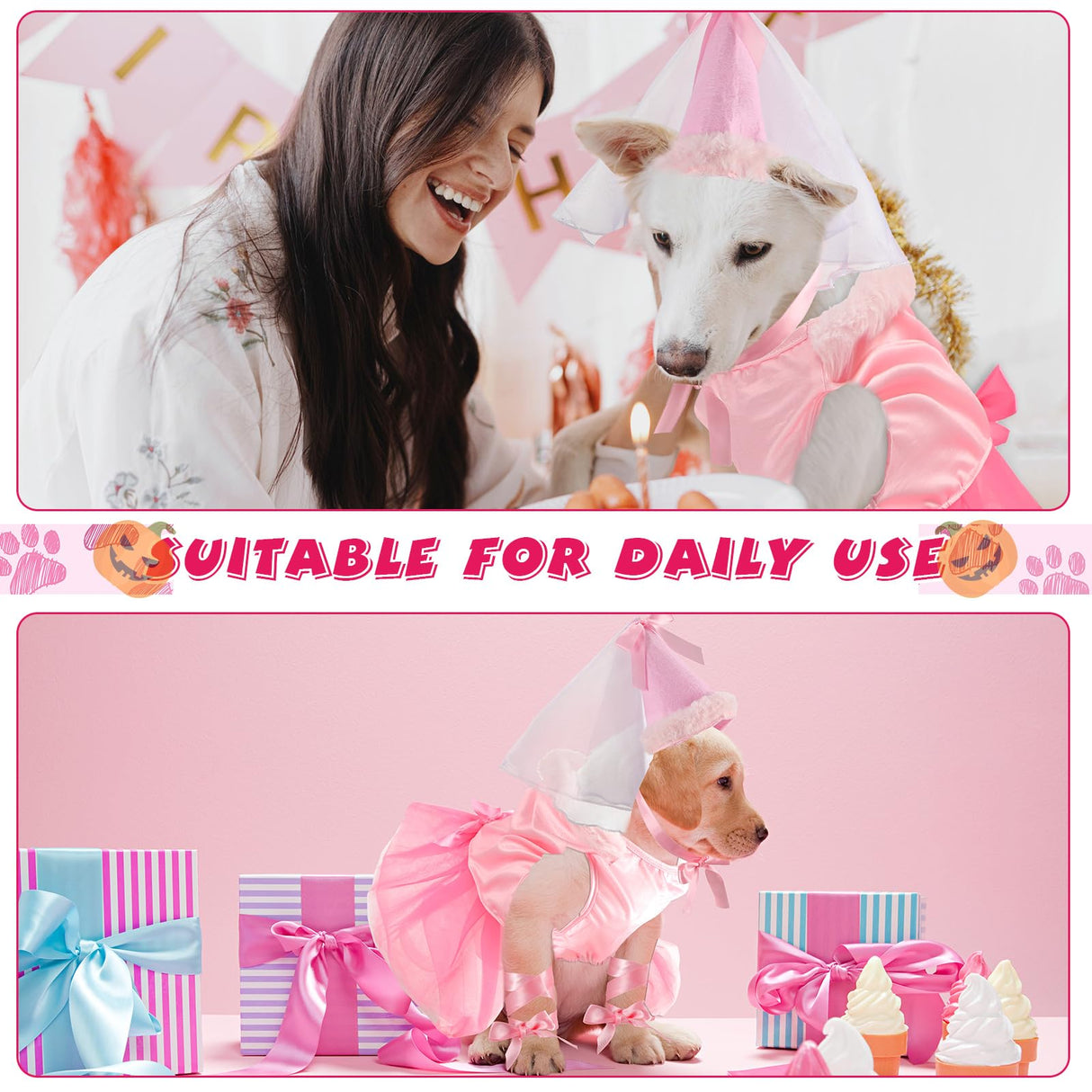Sweetude 6 Pieces Halloween Princess Dog Costume Set Female Puppy Princess Tutu Skirt Dog Hat Delicate Cuffs PET Pink Outfits for Dogs Birthday Wedding Party (XXL)