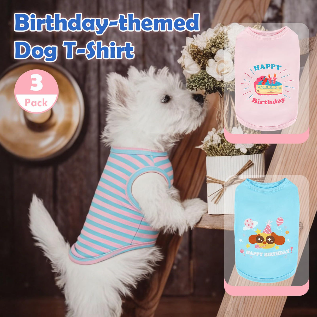 3 Pack Birthday Dog Shirts for Small Dogs,Print T-Shirt,Lightweight Sleeveless Vest,Soft Breathable & Lightweight for Daily Wear,Festival Party Funny Outfits (Pink & Blue,S)