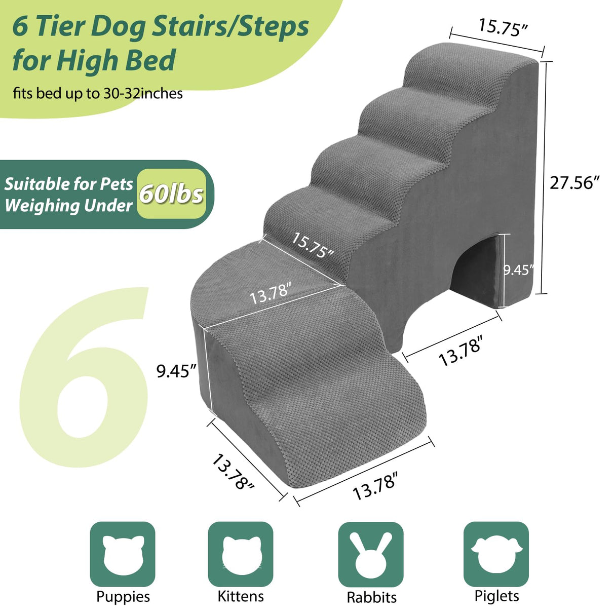 6 Tier Dog Stairs/Steps for High Bed, 27.5”H Non-Slip Pet Stairs Adjust to Left Side of Bed, Pet Steps for Small Dogs, Old Pets, and Injured Dogs, Gray