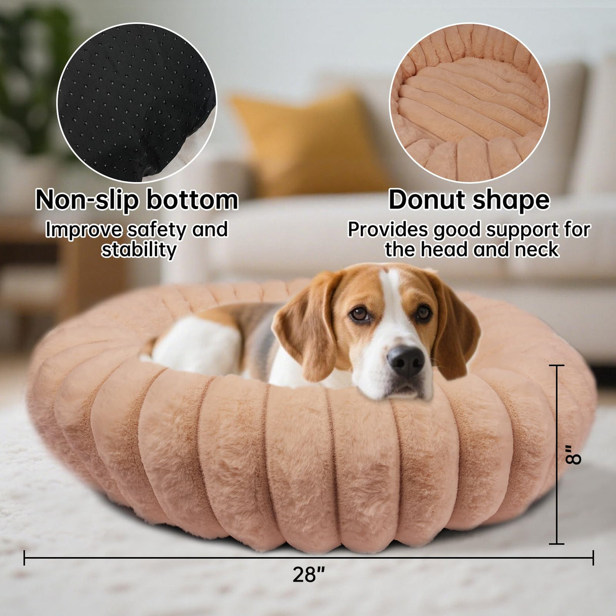 Vhen When Donut Dog and Cat Bed, Luxurious Comfortable Faux Rabbit Fur Pet Beds, Round Anti-Anxiety Calming Puppy Kitten Bed with Anti-Slip Bottom for Small Medium Dogs & Cats(28", Brown)