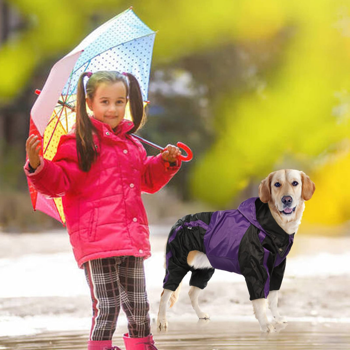 OUOBOB Dog Raincoat, Waterproof Dog Rain Coats for Large Dogs, Lightweight Rain Jacket, Adjustable 4 Legs Pet Poncho with Hood, Snow-Proof Dog Vest Rainwear, Rain Clothes Apparel with Leash Hole