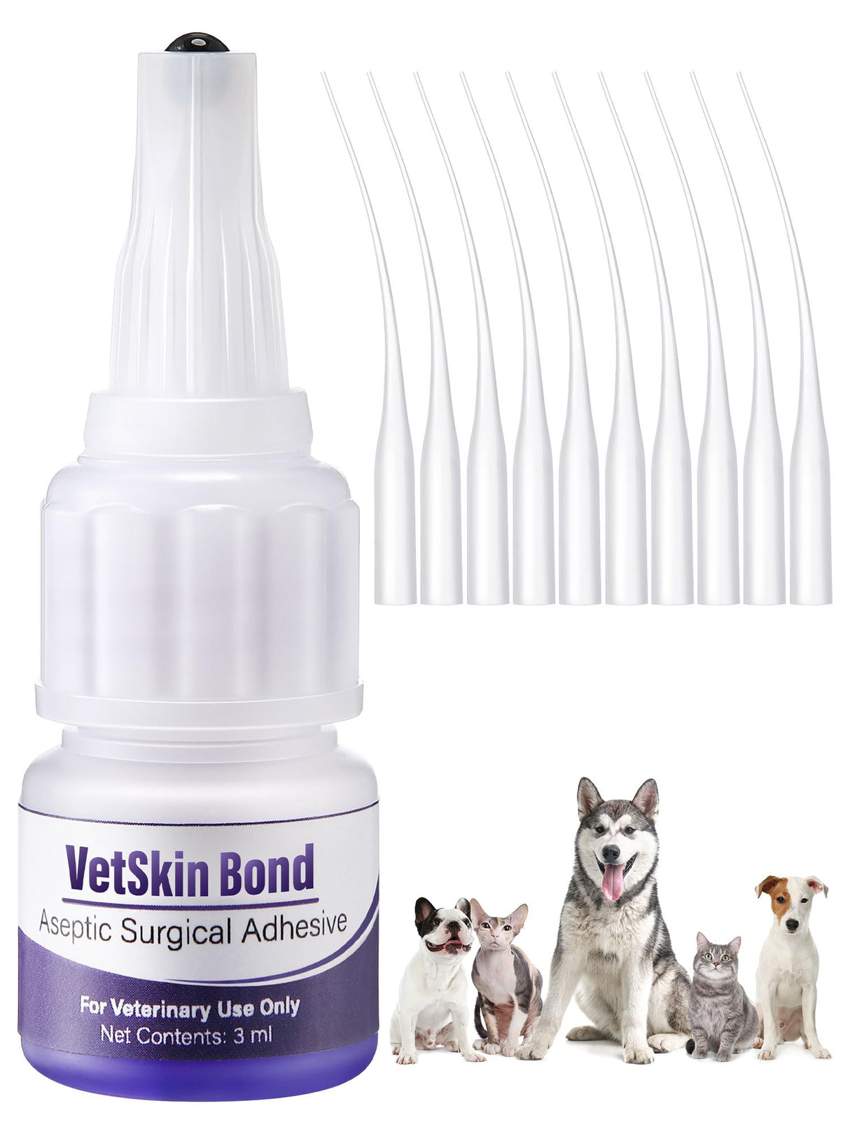 1 Pack 3ml Veterinary Surgical Skin Glue with 10 Precise Applicators, Strong Surgical Adhesive, Blue-Tinted Animal Tissue Wound Glue, Fast Bleeding Control and Waterproof Wound Sealant for Pets