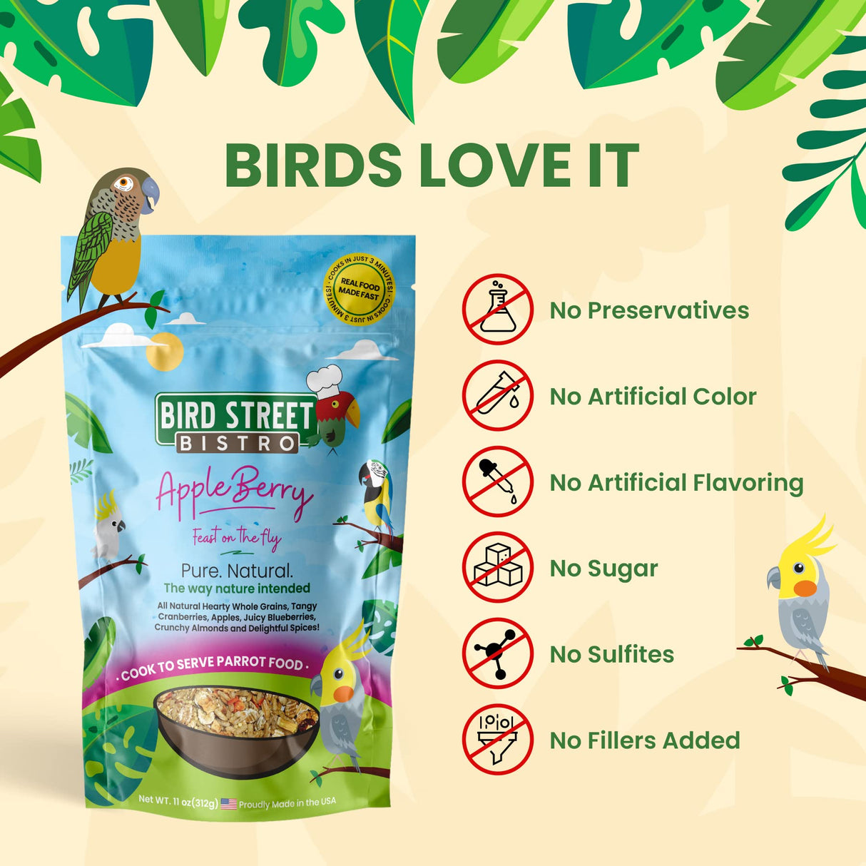 Bird Street Bistro Cockatiel Food Sample 3 Pack - Cooks in 3-15 min w/Natural Whole Grains - Healthy Non-GMO Fruits, Dried Vegetables, Health Orientated Spices