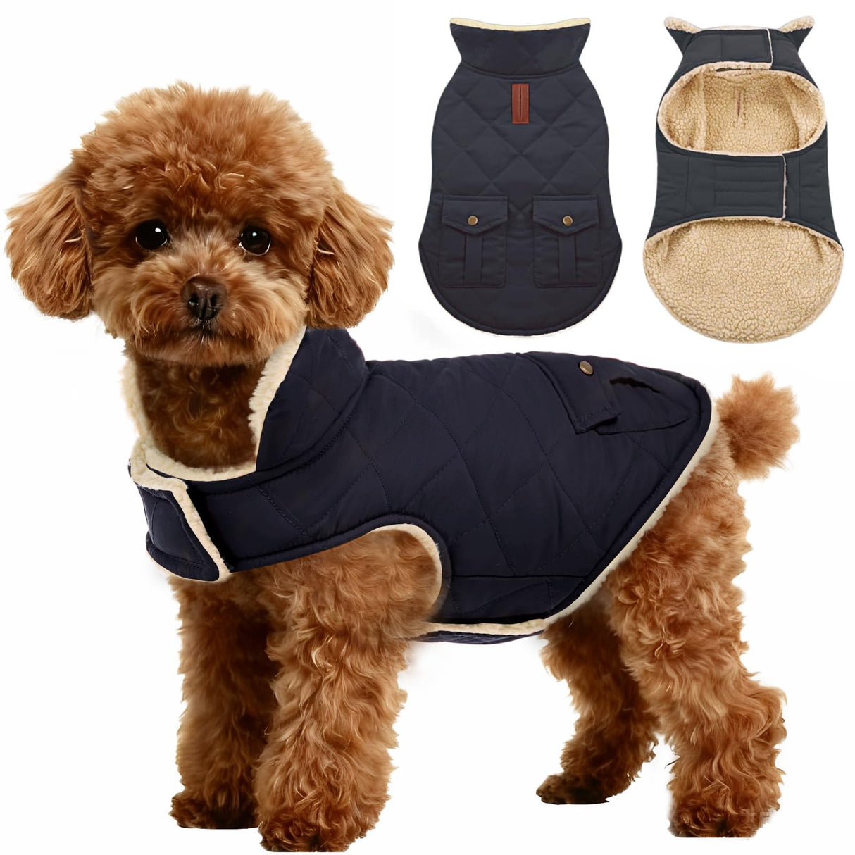 ASENKU Warm Dog Winter Coat, Waterproof Dog Coat for Cold Weather, Fleece Dogs Jacket with Ultra Thick Plush Lining Leash Hole Storage Pockets for Small Dogs (Navy Blue, Small)