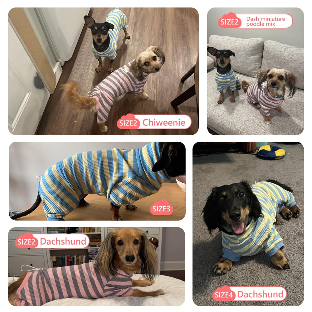 HowlyWoof Dachshund Dog Shirt, Thin Striped Base Layer Onesie for Wiener Dogs, Lightweight All-Season Wear, Soft & Comfy Fit for Doxie and Short-Leg Breeds (Pink&Grey, Size 1 (7-11lbs))