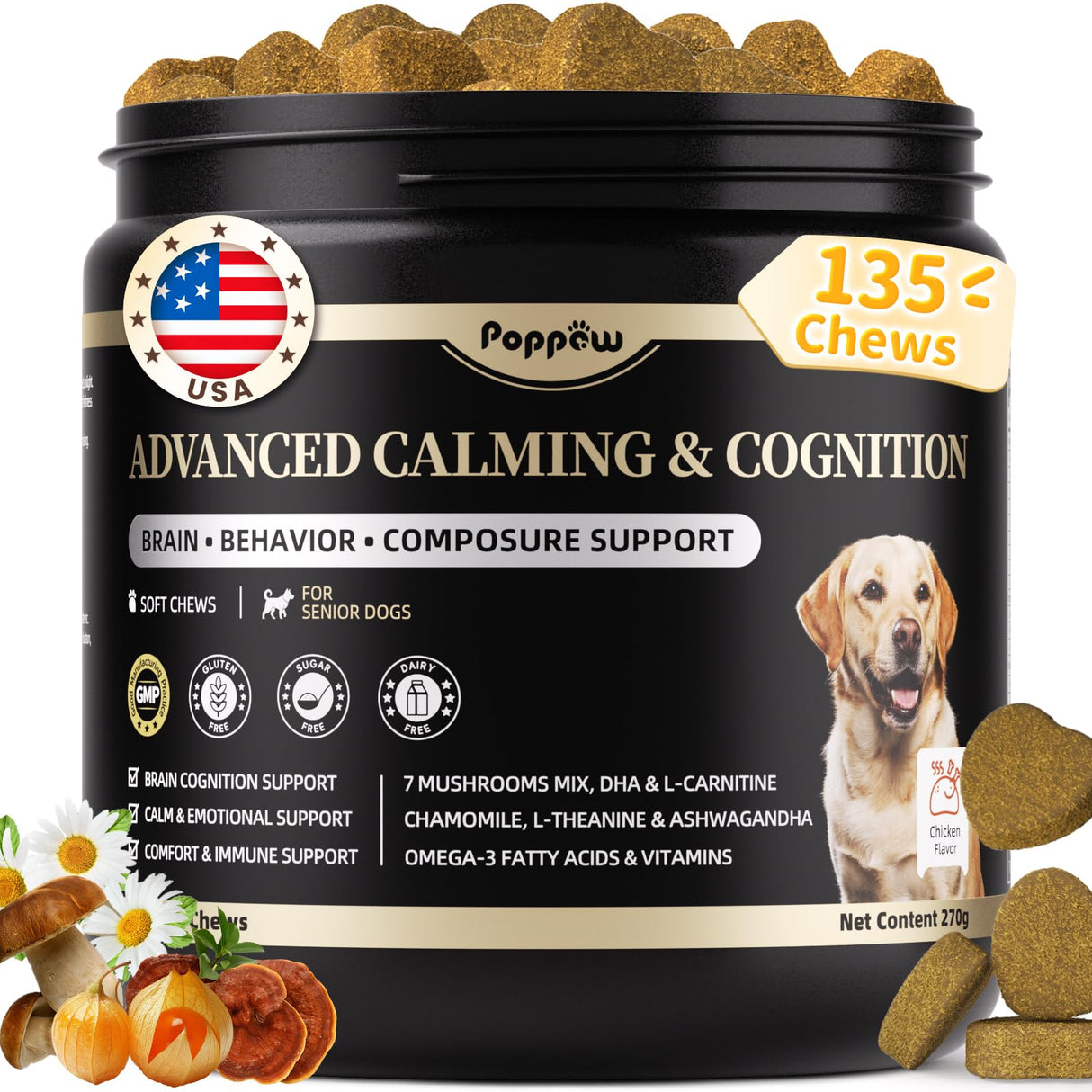 POPPAW Advanced Calming Chews for Dogs-Brain & Composure Support with 7 Mushrooms, Ashwagandha, Omega-3 DHA & EPA, Anxiety Relief Dog Calming Treat, All Breeds & Sizes, Chicken Flavor, 135Ct