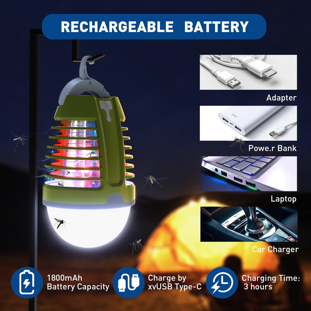vertmuro Portable Bug Zapper Outdoor Indoor, Electric Mosquito Fly Killer Lamp with Three Lighting Mode, USB Rechargeable Light Bulb Zapper for Camping, Home, Patio (3 Pack)