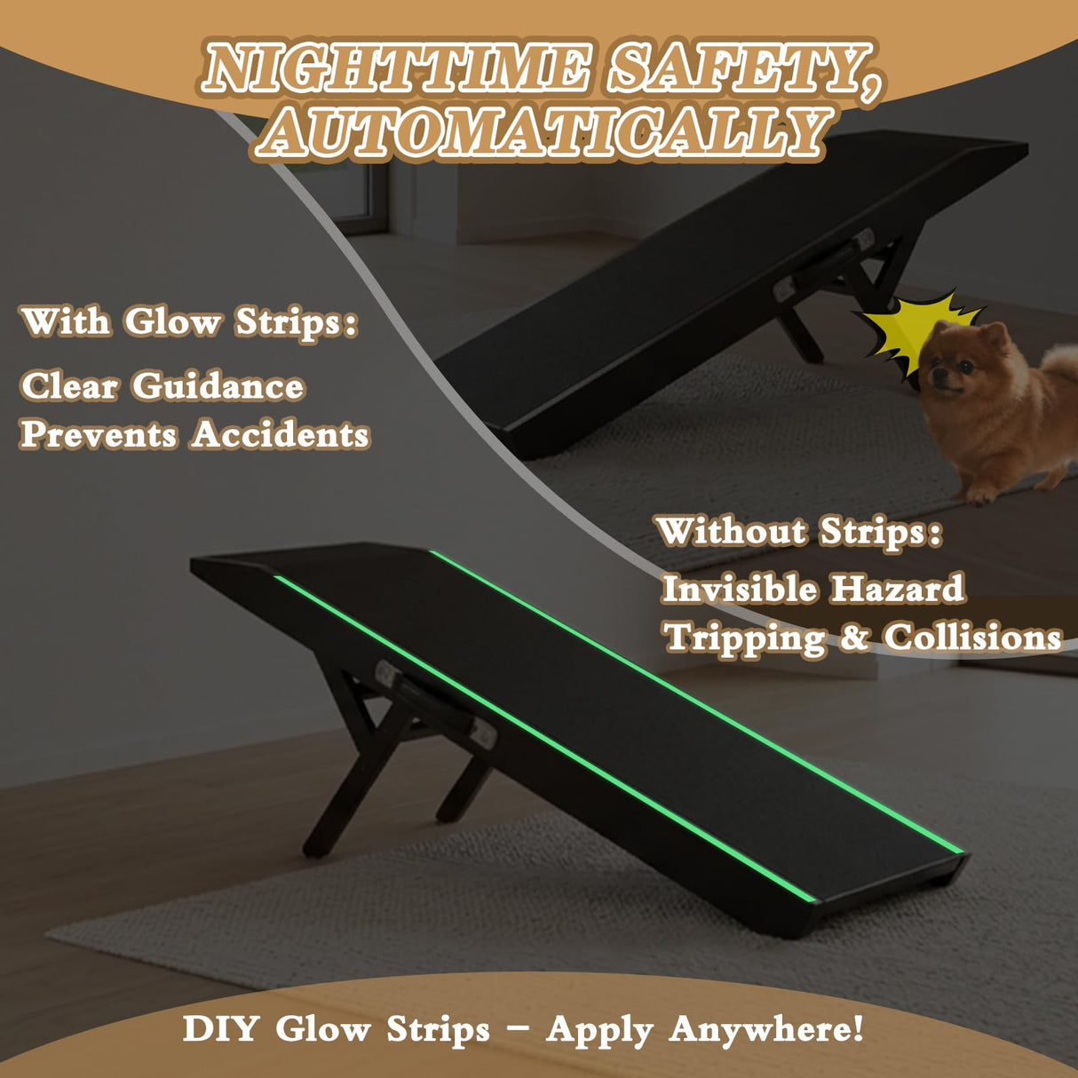Dog Ramp for Couch, Birchwood Dog Bed Ramp for Small Dogs, 4-Level Adjustable (8.6"-20.9") Foldable Pet Ramp, Wide Non-Slip EVA Surface with Glow Strips, Solid Birchwood 200Lbs