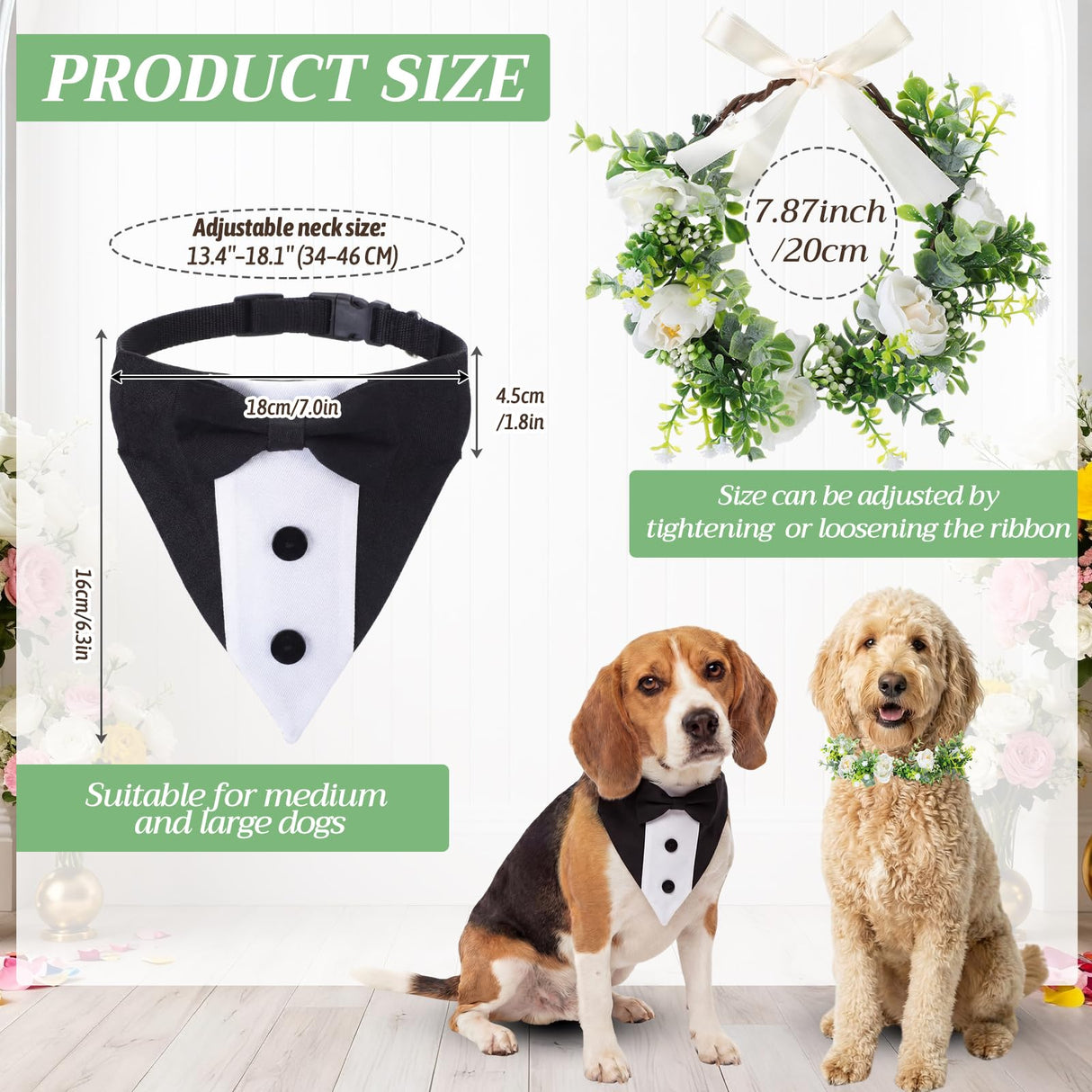 Huhumy 2 Pcs Dog Wedding Suits, Tuxedo and Flower Collar, Bow Tie Adjustable Formal Suit Costume Elegant Dog Flower Headband for Small to Medium Dogs Wedding Engagement Birthday Outfit Pet Photo Prop