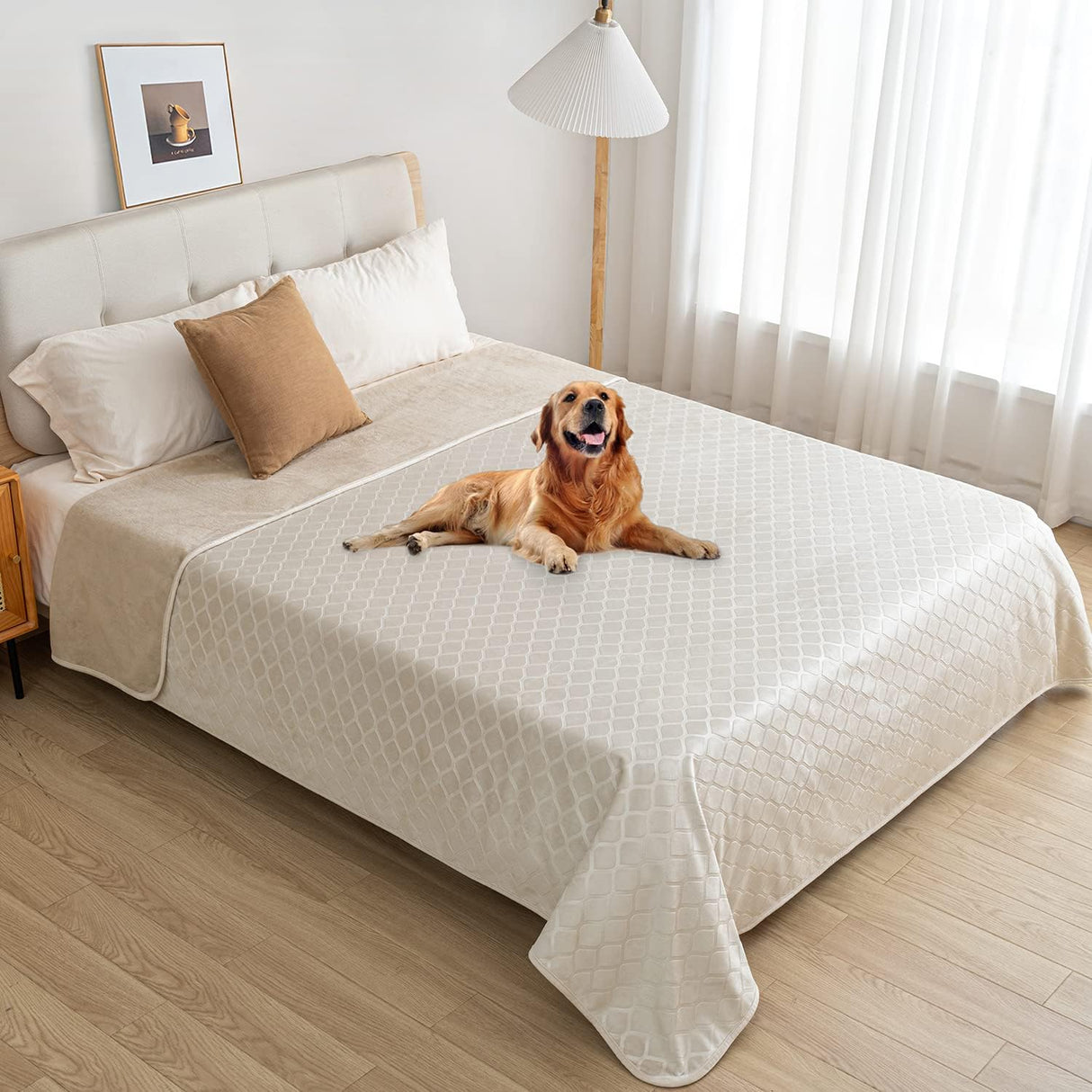 fuguitex Waterproof Dog Blanket Bed Cover Dog Crystal Velvet Moroccan Fuzzy Cozy Plush Pet Blanket Throw Blanket for Couch Sofa(52 * 82 inch, Cream+Beige)
