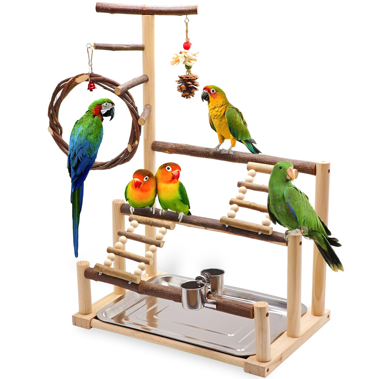Bird Playground, Natural Wooden Parrot Stand with Feeding Cup, Swing, Chew Toy, and Other Cage Accessories. Bird Perch for Most Birds Including Cockatiels, Budgerigars, Grey Parrots, and More