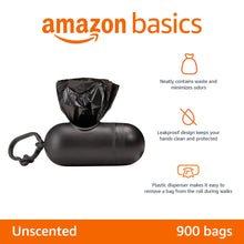 Load image into Gallery viewer, Amazon Basics Dog Poop Bags with Dispenser, 900 Count, Enhanced for Guaranteed Leakproof, Unscented, Includes Leash Clip