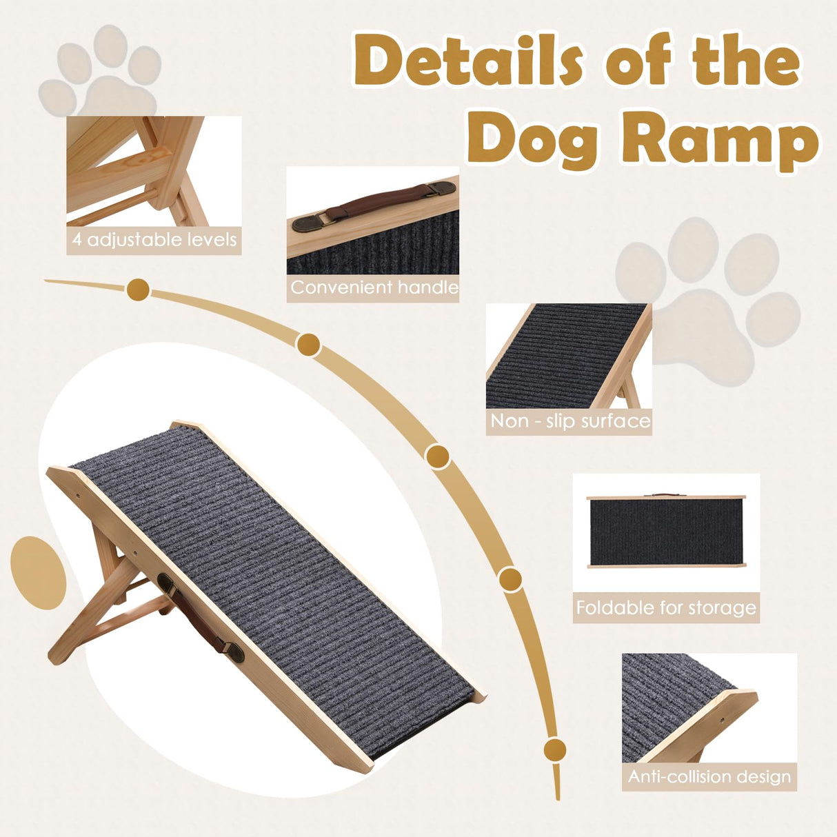 Wooden Foldable Dog Ramp Portable Pet Ramp,Car Ramp with Built-in Handle for Travel, 4 Adjustable Heights 9.8" to 18.1" for Small Dogs