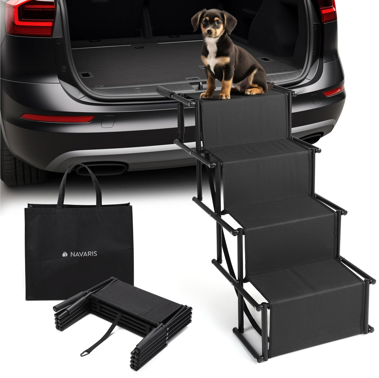 Navaris Dog Car Ramp - Folding Dogs 4 Step Ramp - Give Your Dog a Boost with Steps for Car - Stairs Come with Carry Bag