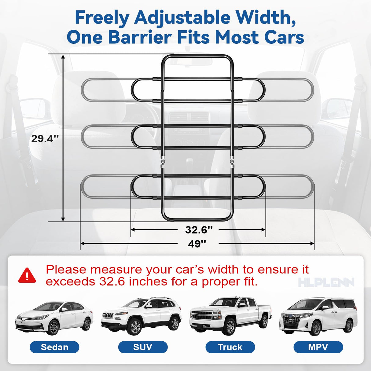 Hlplenn Adjustable Metal Dog Car Barrier, Universal Pet Divider with Steel Frame for SUV Truck Sedan & MPV, Car Dog Barrier & Back Seat Cargo Gate, Movable Panel Fits Seat Recline