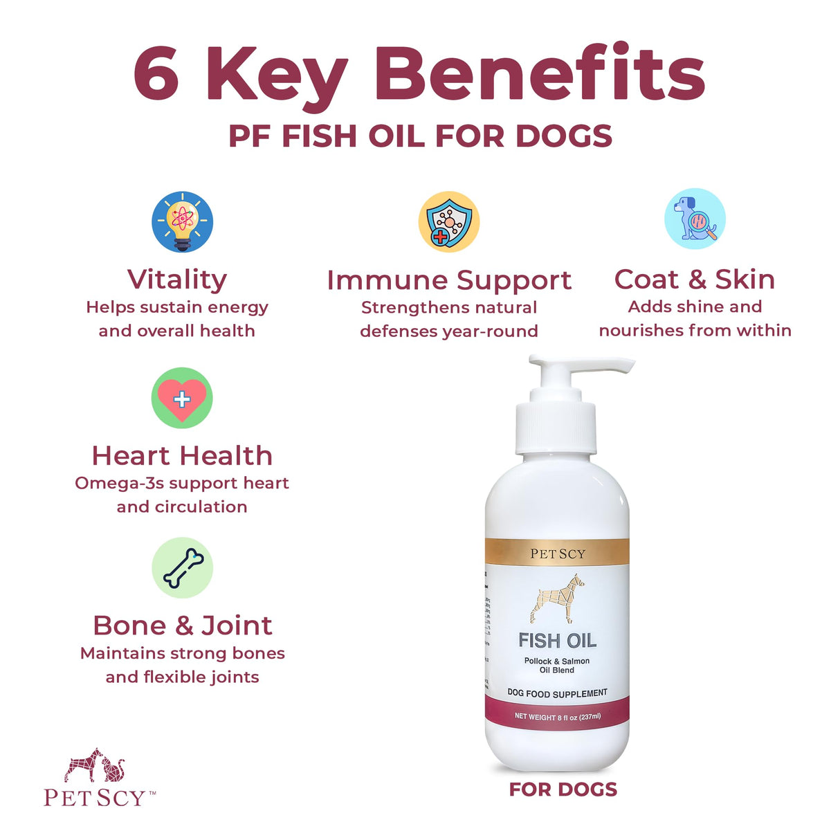 PetScy Omega-3 Fish Oil for Dogs – Supports Healthy Skin, Shiny Coat & Joint Mobility | Pure Wild-Caught Fish Oil with EPA & DHA | Natural Dog Supplement for All Breeds & Sizes – 8 fl oz