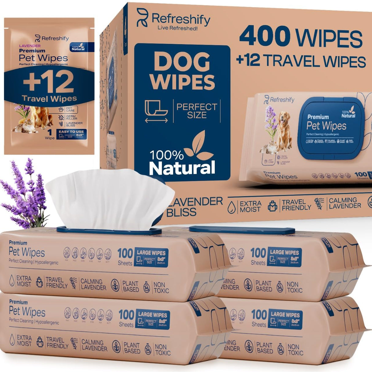 REFRESHIFY Dog Wipes for Paws and Butt - Plant Based Lavendar Scented (Pack of 400) - Pet Wipes for Dogs and Cats - Deodorizing Non Toxic Dog Wipes, +12 Additional Travel Wipes