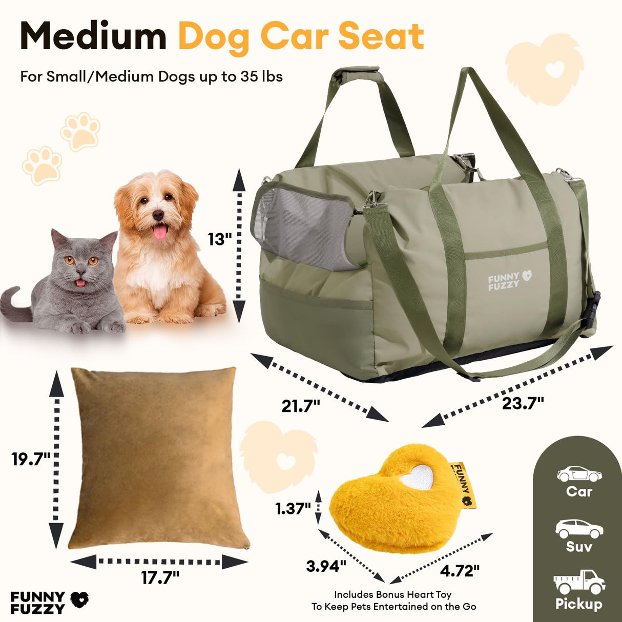 FUNNY FUZZY Waterproof Dog Car Seat for Small & Medium Dogs Up to 35lbs, Detachable & Washable Pet Booster Seat with Leash, Thick Cushion, Storage Pockets & Adjustable Straps (Green)