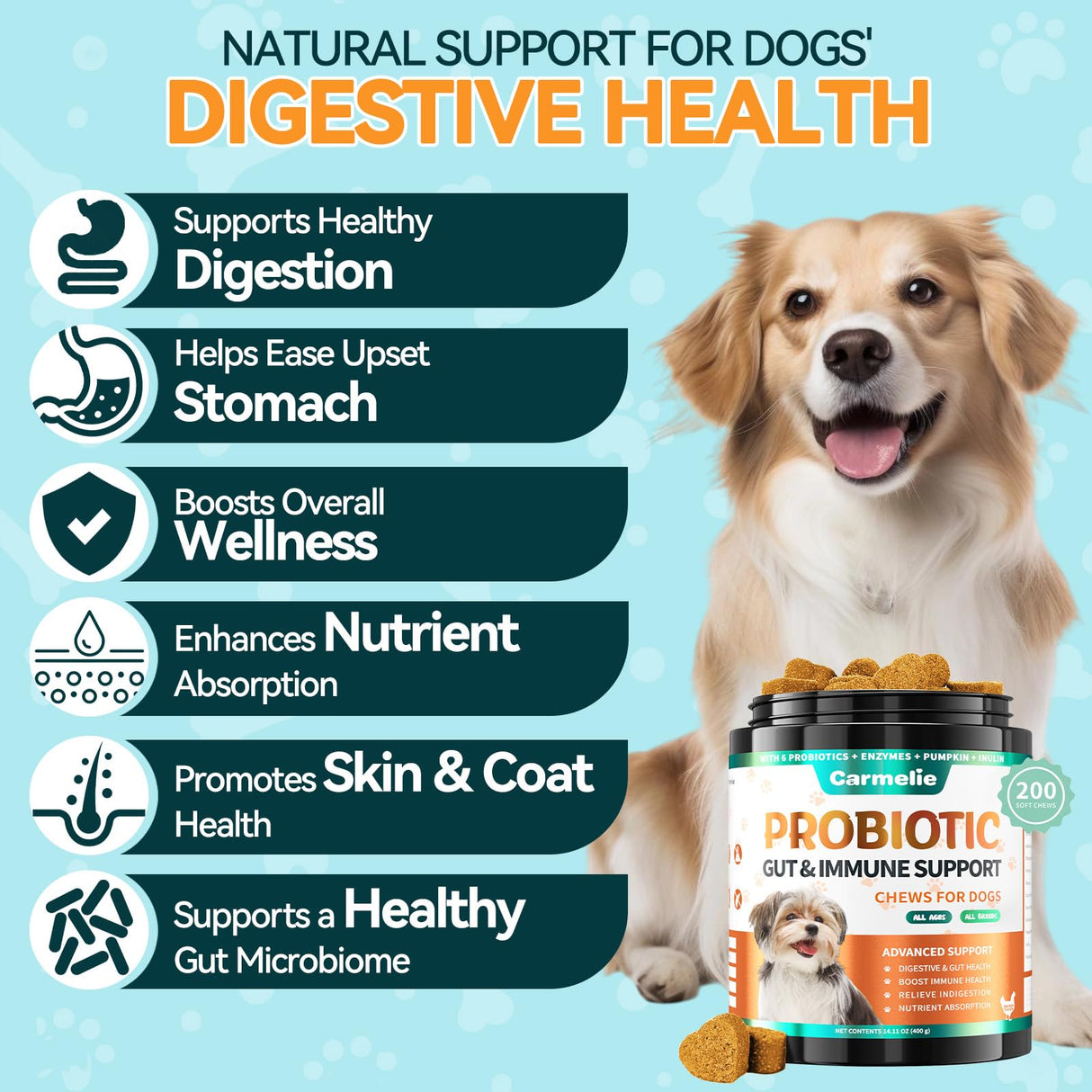Carmelie Probiotics for Dogs, 200 Soft Chews Digestive Probiotics & Enzymes for Gut Health with Pumpkin, Fibre for Dogs Anti Diarrhea, Upset Stomach, Gas Relief, Itchy Skin & Immune Support (Chicken)