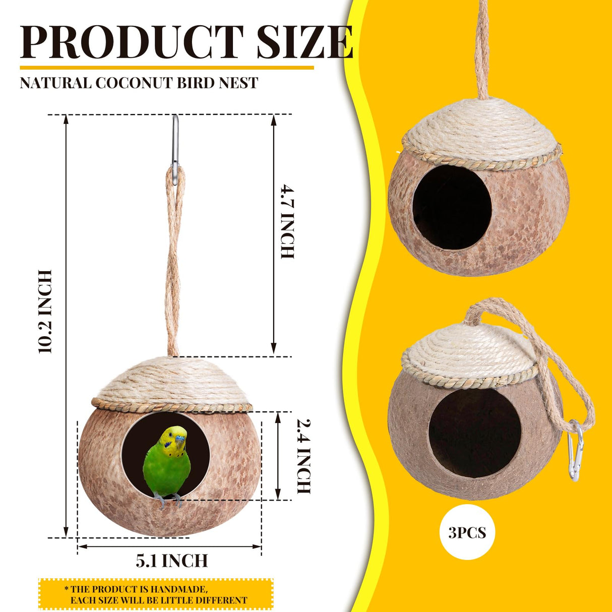 Suzile 3 Pcs Natural Coconut Bird Nest for Cage Hanging Birds House Parakeet Hide Breeding Hut Bird Cage Habitats Decor for Parrot, Cockatiel, Lovebird, Finch, Squirrel, Hamster