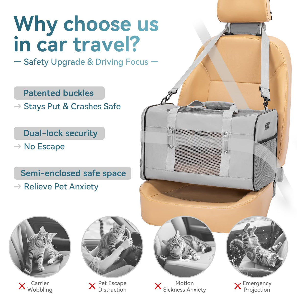Petsfit Travel Pet Carrier for Large Cats (up to 20 lbs), Soft-Sided Dog Car Travel Carrier with Patented Buckle and Soft Padding, Ideal for Car Road Trips,19X12X12 Inch,Grey