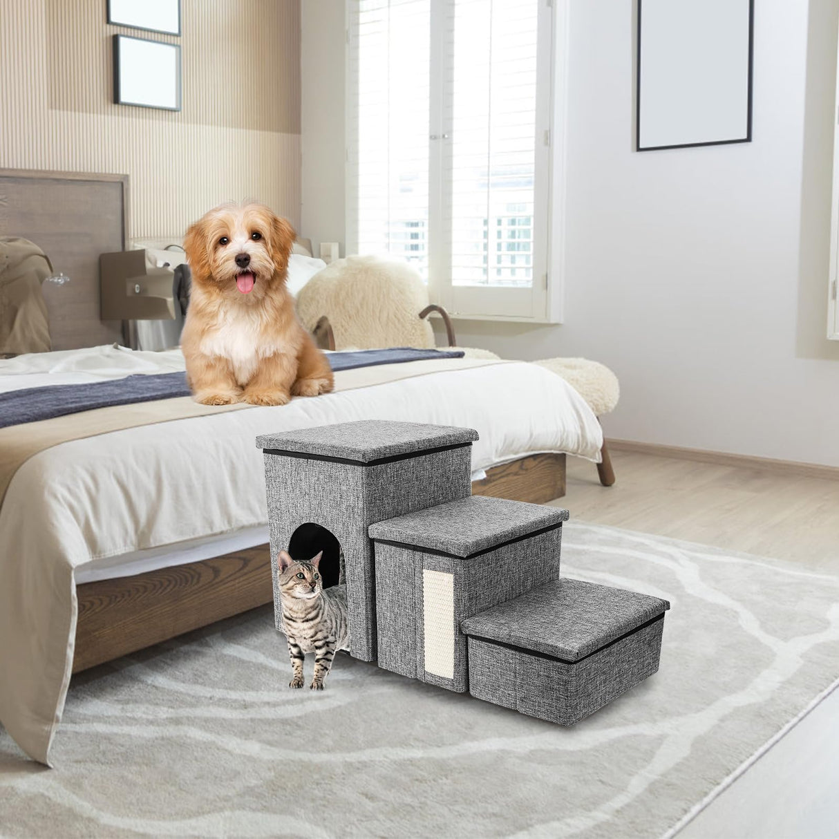 YIMITEE Dog Stairs for Small Dogs, 3 Tiers Dog Step with Storage, Foldable Older Cat Ramp with Condo Cat Scratcher, Portable Pet Ladder for High Bed Couch Chair Car, Up to 165 Lbs, 17 Inch