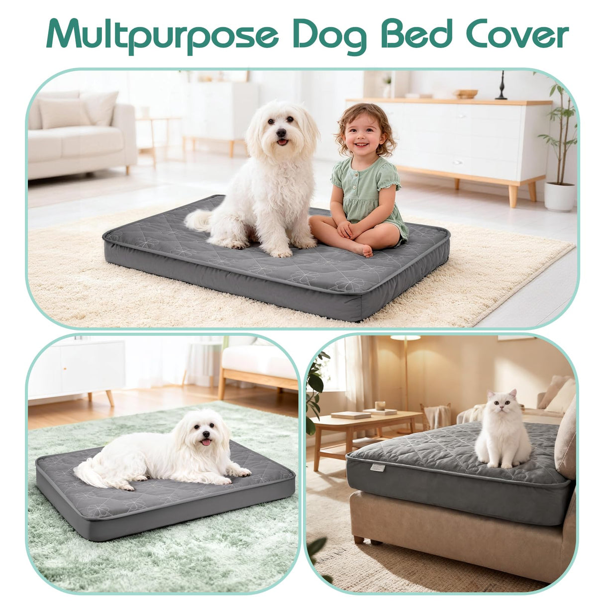 Dog Bed Cover Replacement Washable, Waterproof Dog Bed Sheets,Ultra Soft Pet Pillow Cover Quilted,Removable Pet Bed Liner - 35x44 Inches,Grey