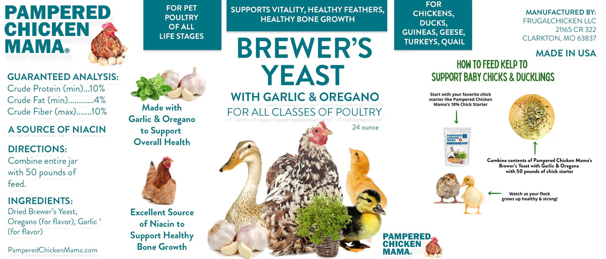 Brewer's Yeast for Ducks & Chickens with Garlic & Dried Oregano (24 Ounce) | Niacin for Ducks, Chicks, and Adult Chickens | Chicken Probiotic & Amino Acids| Pampered Chicken Mama (24 Ounce)