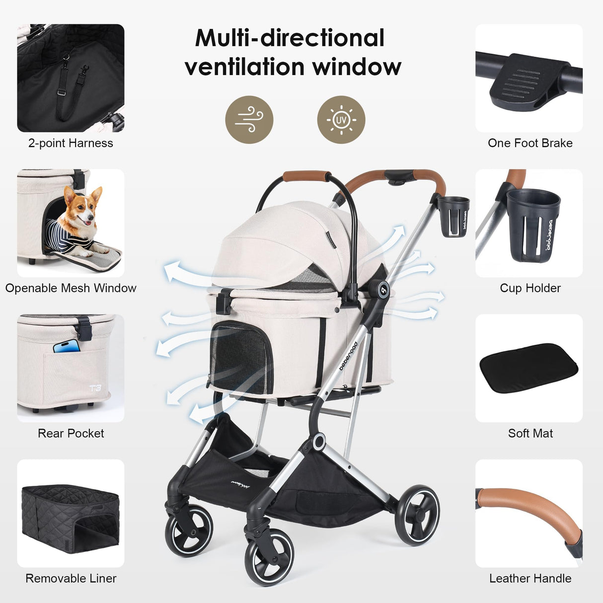 Beberoad Pets T3 Pro 3-in-1 Pet Stroller for Small Dogs & Cats – Foldable, Lightweight with Detachable Carrier, 180° Canopy & Cup Holder (Beige)