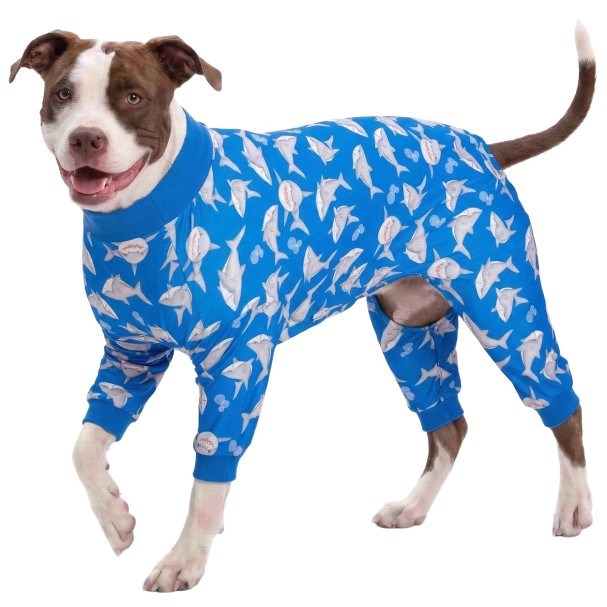 LovinPet Large Dog Pjs, UV Protection, Pet Anxiety Relief Onesies, Lightweight Stretchy, Blue Shark Print, Undershirt for Dog Sweaters and Coats, Large Breed Husky Pajamas, Pet PJ's/XL