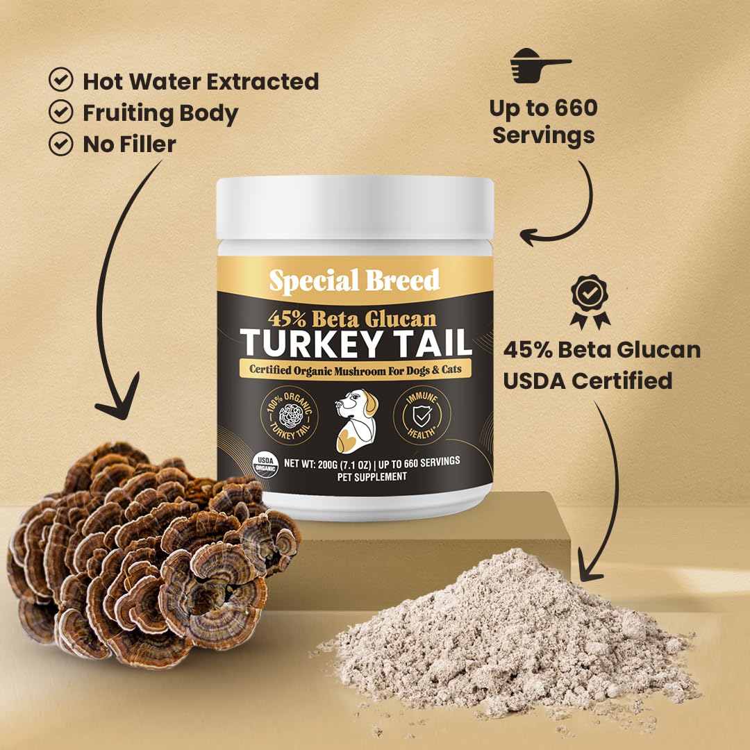 Organic Turkey Tail Mushroom for Dogs and Cats, 45% Beta Glucan Standardized, Hot Water Extracted Whole Fruiting Body, Third Party Tested, Immune and Gut Support, No Fillers, Made in USA, 660 ct