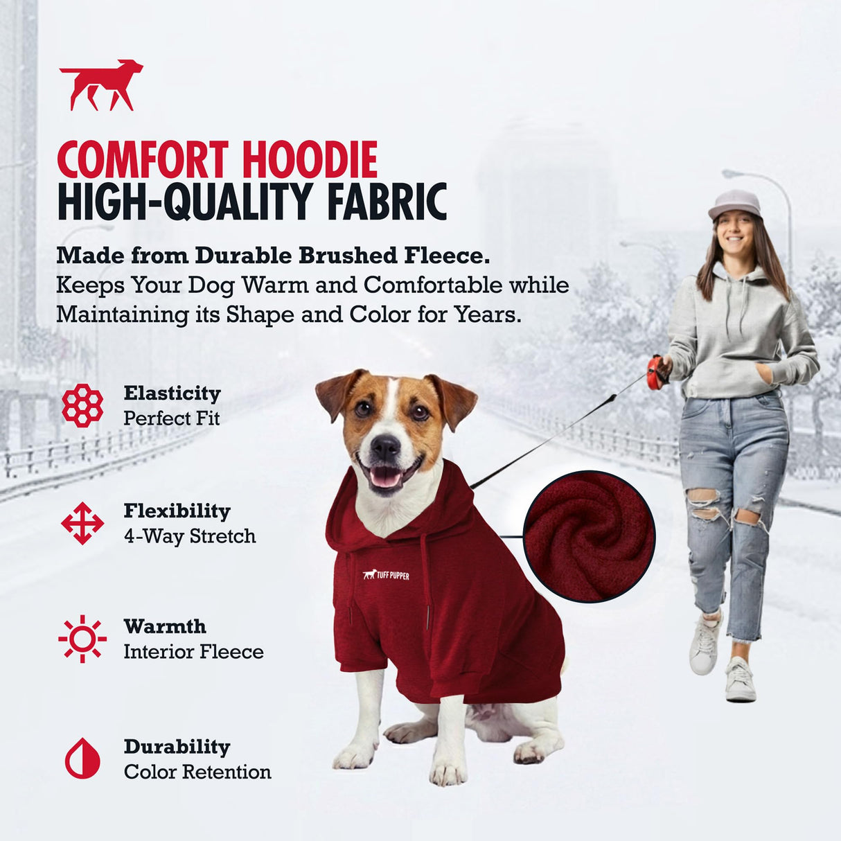 Tuff Pupper Dog Hoodie | Premium Quality Insulated Fabric | Ultra Soft Interior for Superior Comfort | Elastic Cuffs & Drawstring for Warmth | Stretch Fit Suitable for All Breeds (Red, XXS)
