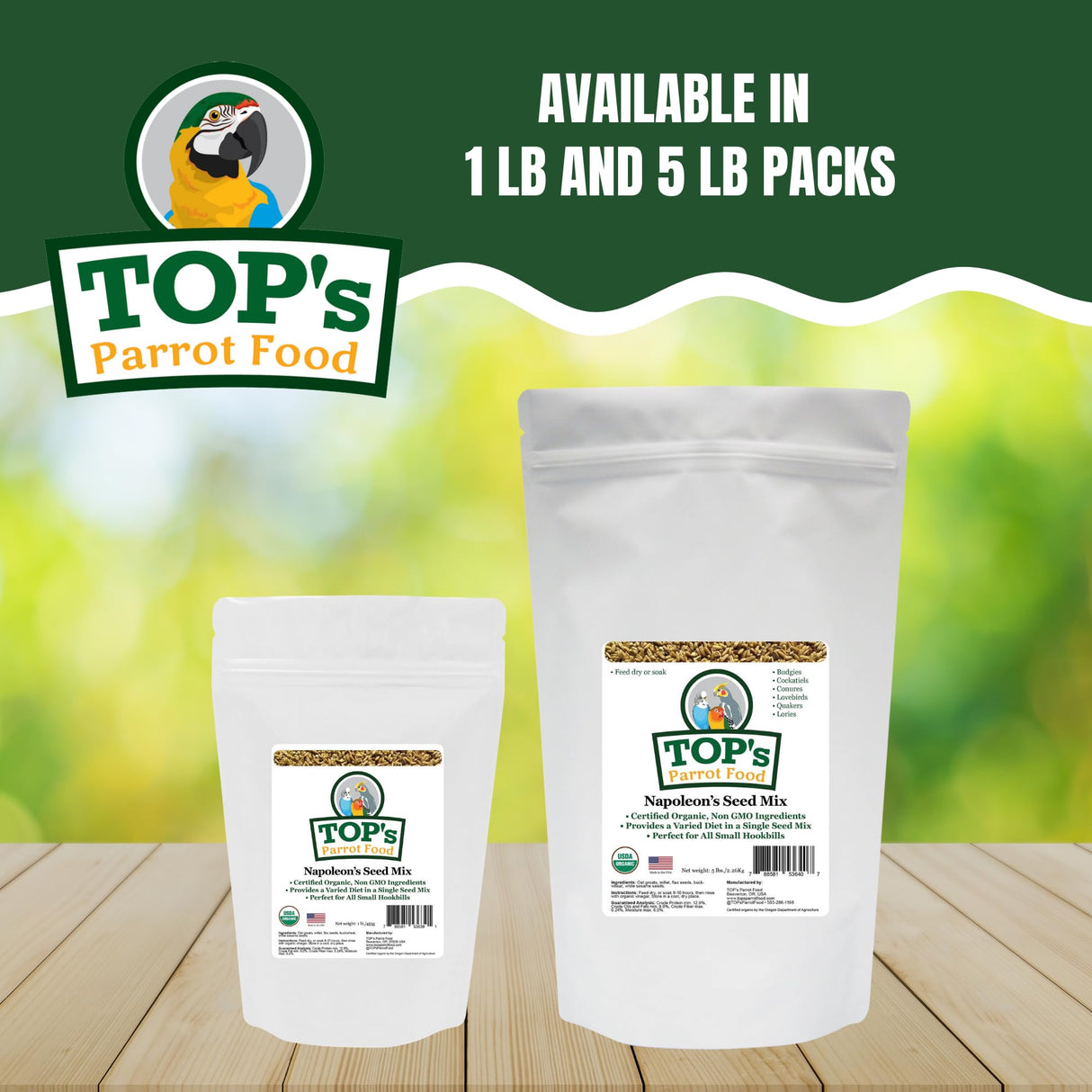 TOP's Napoleon's Seed Mix for All Small Hookbills, Non-GMO, Soy Free, Corn Free, USDA Organic Certified, 5 lb