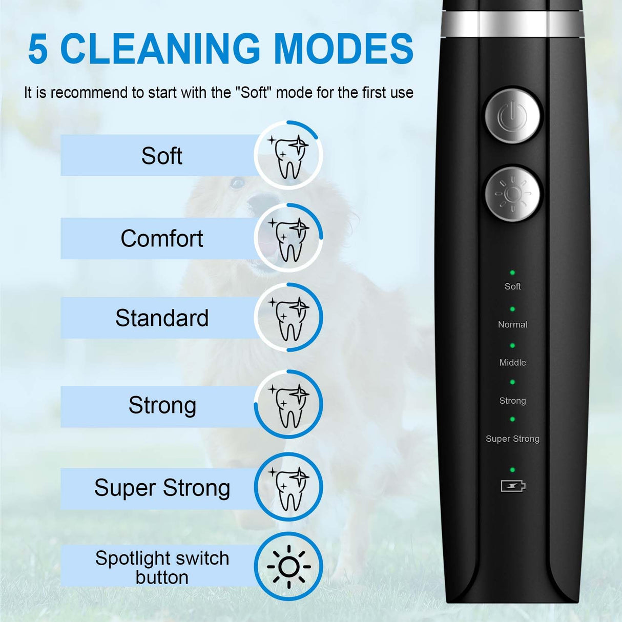 Ni-SHEN Plaque and Tartar Remover, Dog Ultrasonic Teeth Cleaner Toothbrush for Tartar and Stains with LED Light, 5 Modes Low Noise Sonic Tooth Cleaning Kit Tool for Dogs (Black)