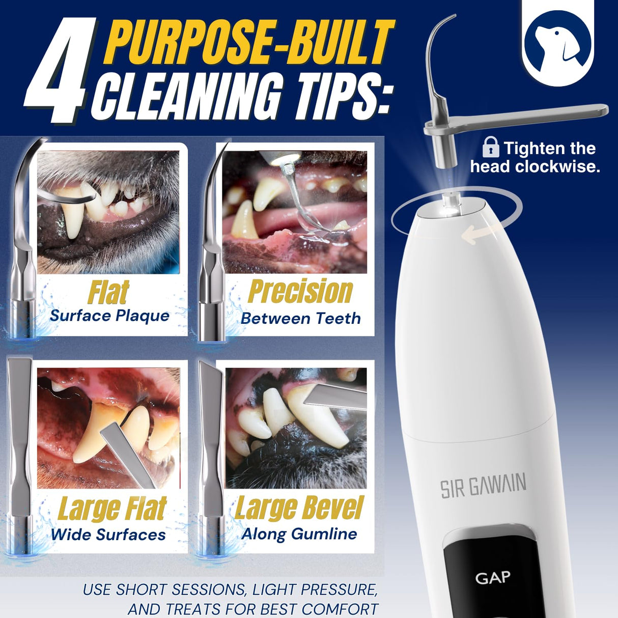 SIRGAWAIN Pet Ultrasonic Dental Cleaner — Plaque, Tartar & Stains Remover, 4 Tips, 3 Modes, LED, Contact-Activated & Smart Touch Protection, Complete Cleaning Kit for Dogs & Cats (White)