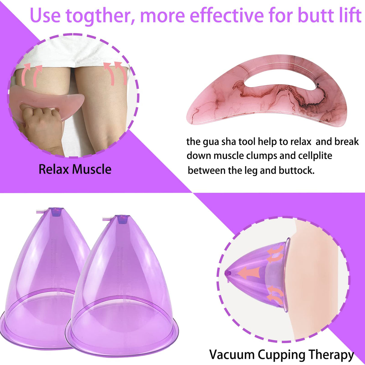 FUMOLEER Buttock Vacuum Cups 210ML &180ML,Vacuum Therapy Cupping Machine Accessories, 9.4inch & 8.26inch XL Suction Cups for Butt Massage with Y-Hose & Gua Sha Board, 2 Pairs (Purple)
