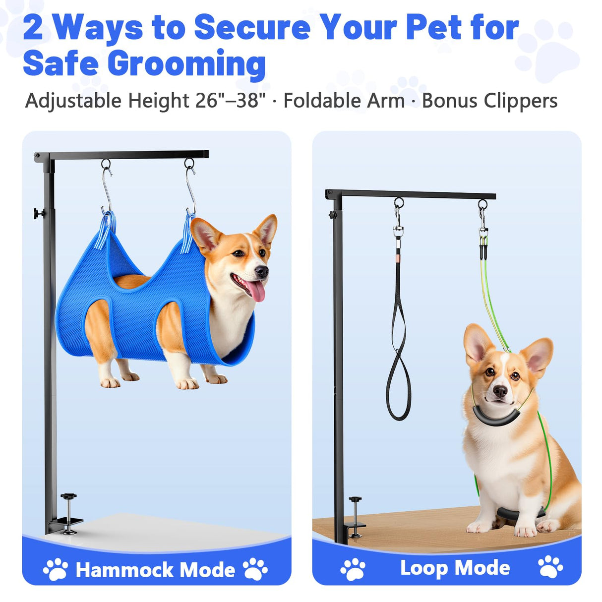 AUORC Dog Grooming Arm with Hammock, Adjustable 26"-38" Foldable Grooming Table Arm with Clamp & 2 No-Sit Holders, Heavy Duty for Small & Medium Dogs, Includes Nail Clippers (Table Not Included)