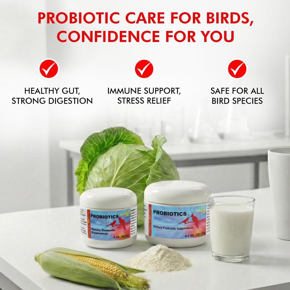 Morning Bird Probiotics for Birds 2 oz – Digestive Health Supplement Supporting Gut Balance, Nutrient Absorption & Immune Support – Easy Mix Powder Supplement for All Bird Species