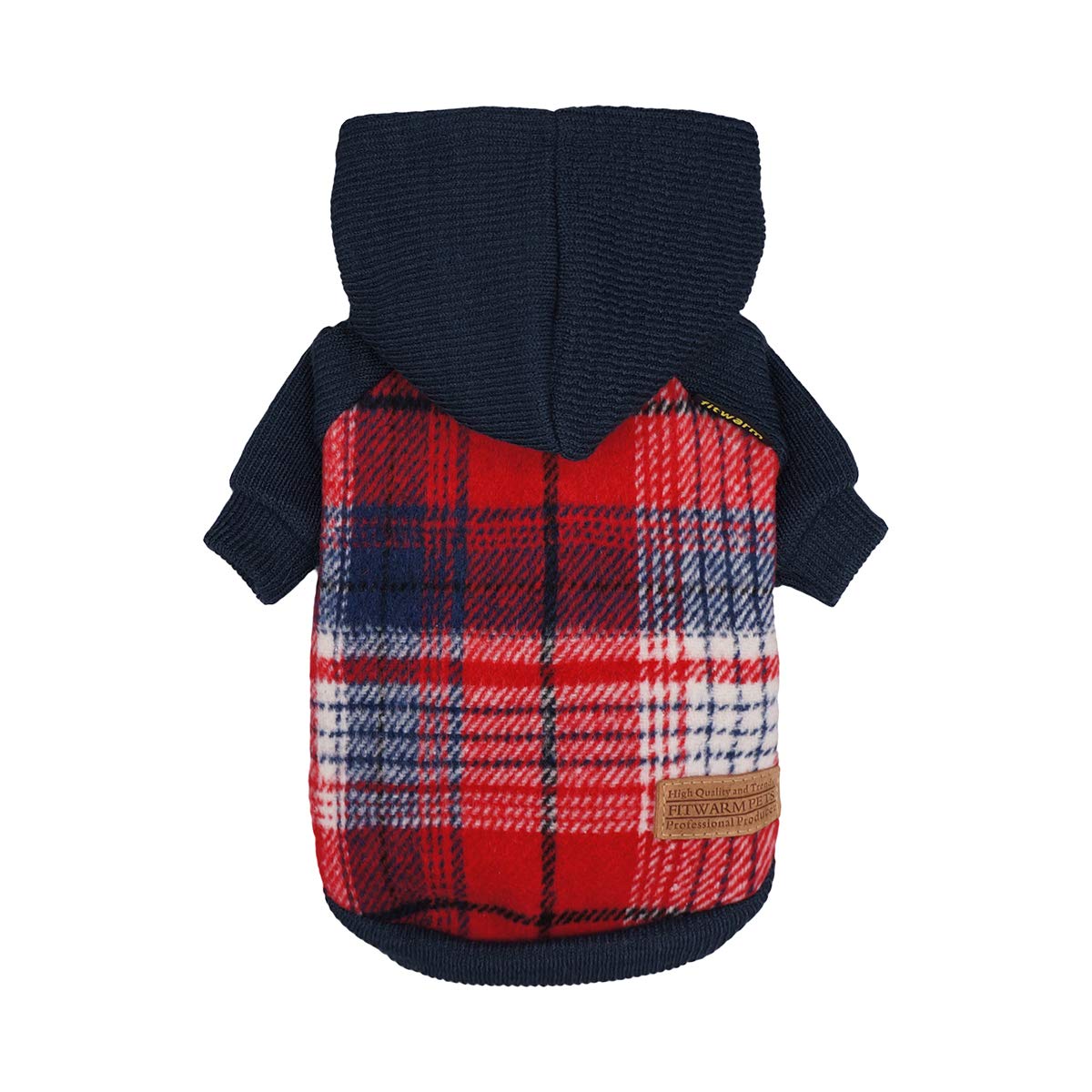 Fitwarm Tartan Plaid Dog Hoodie, Knitted Dog Clothes for Small Dogs Boy, Pet Sweater with Hood, Cat Fleece Lined Winter Outfit, Red, Navy Blue, XL