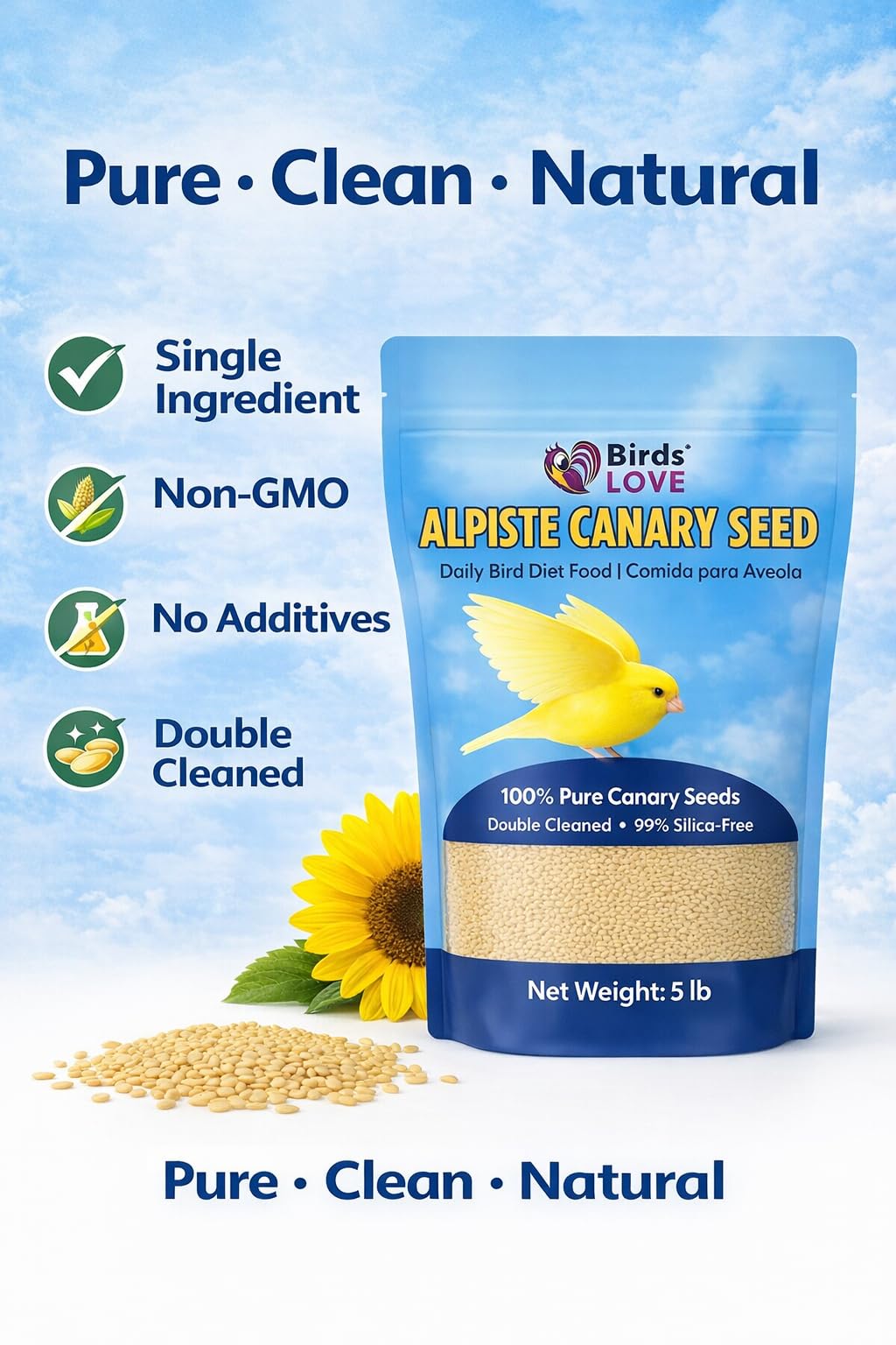 Birds Love Alpiste Canary Seed – 100% Pure, Non-GMO, Double Cleaned Food for Canaries, Finches, Budgies & Parakeets – No Additives, Bird Feed, 5 lbs