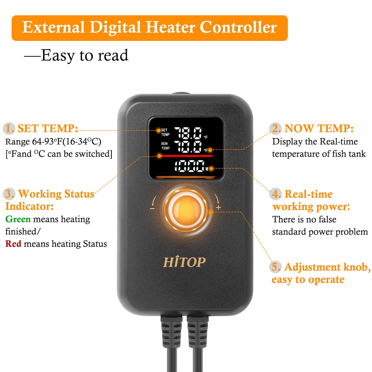 HITOP 1000W Digital Aquarium Heater: Titanium Fish Tank Heater with Temperature Control Device, Submersible Heater for Freshwater/seawater up to 300 Gallon