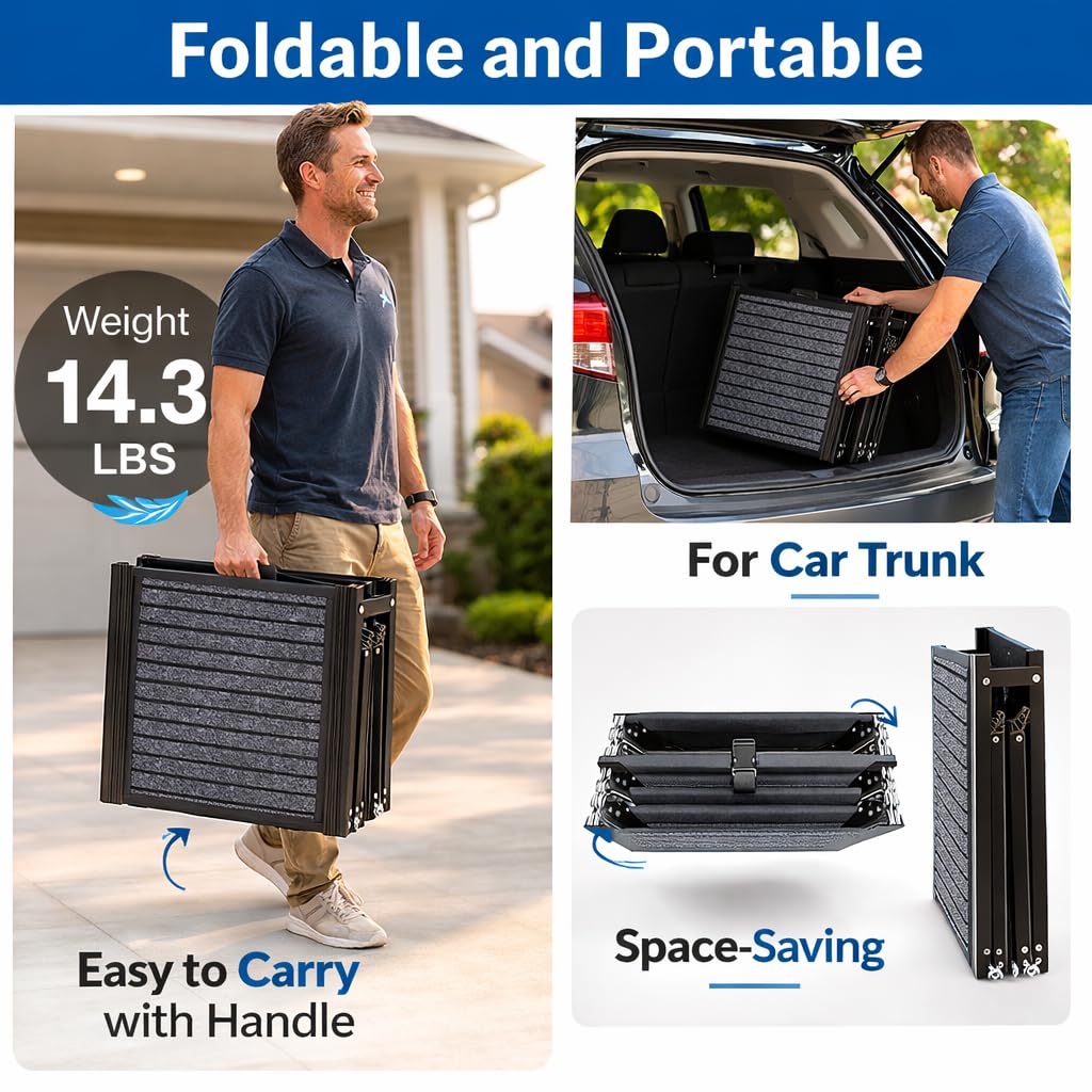 Japard Dog Ramp for Car, 63" Long & 17" Wide Folding Portable Pet Stair Ramp with Non-Slip Rug Surface, Extra Wide Dog Steps for Medium & Large Dogs Up to 165LBS Enter a Car, SUV & Truck