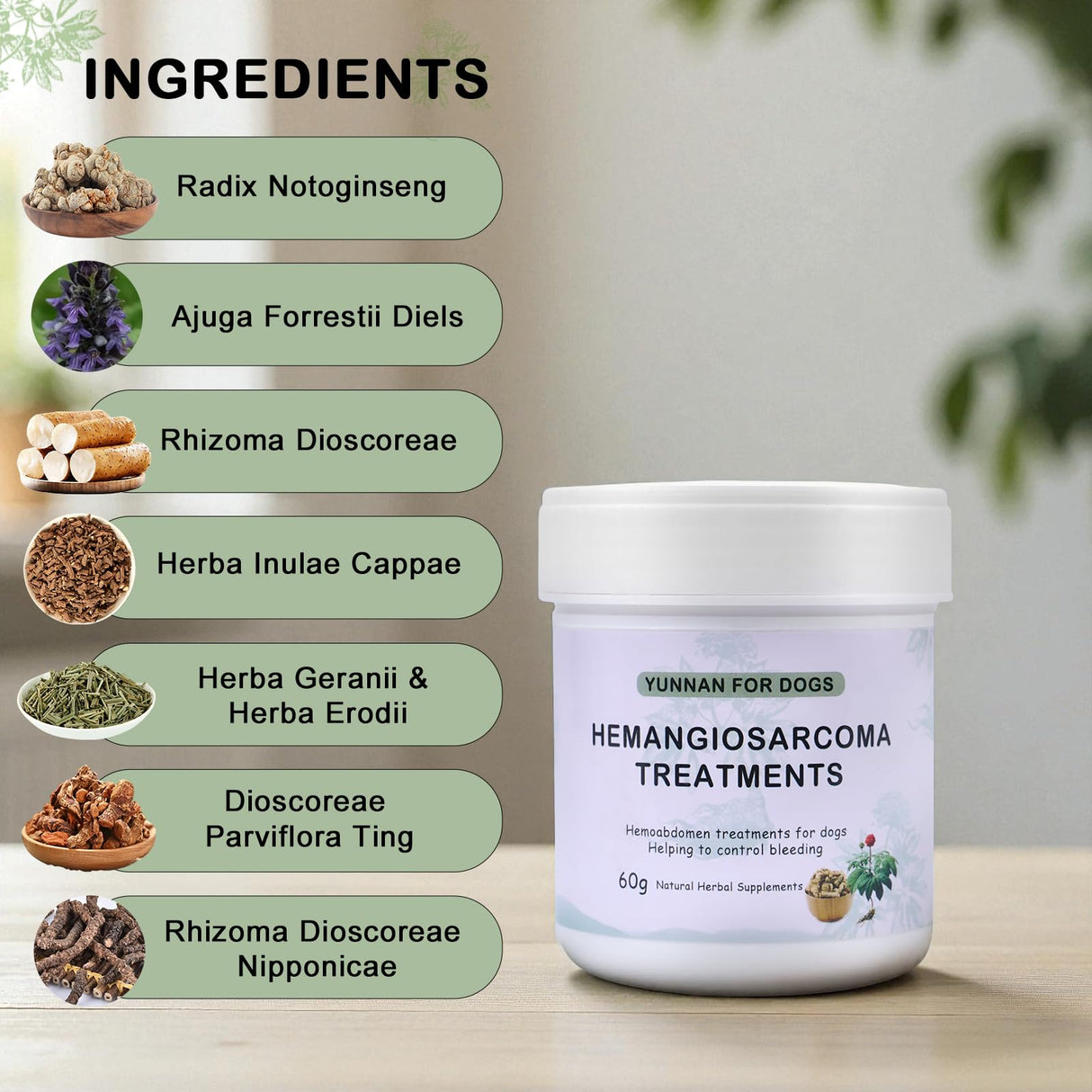 Quick Stop Bleeding for Dogs, Natural Yunnan Sanqi Powder for Hemangiosarcoma, Hemoabdomen, Pericardial Effusion, Cancer Bleeding, Severe Bruising, Ulcer-Related Bleeding, Bloody Stools - 60g