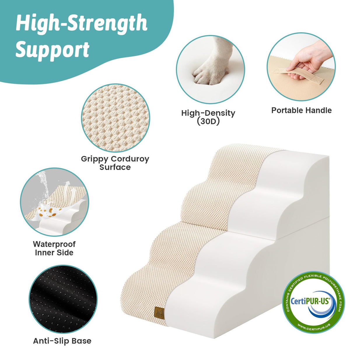 COZY KISS Detachable Curved Wide Dog Stairs 19.7" H, 4 Step Small Dog Step for Puppy or Older Cat, Ramp for Bed, Sofa, Couch or Chair, Ladder with High Density Foam, 17.7x28.3x19.7 inch, Beige