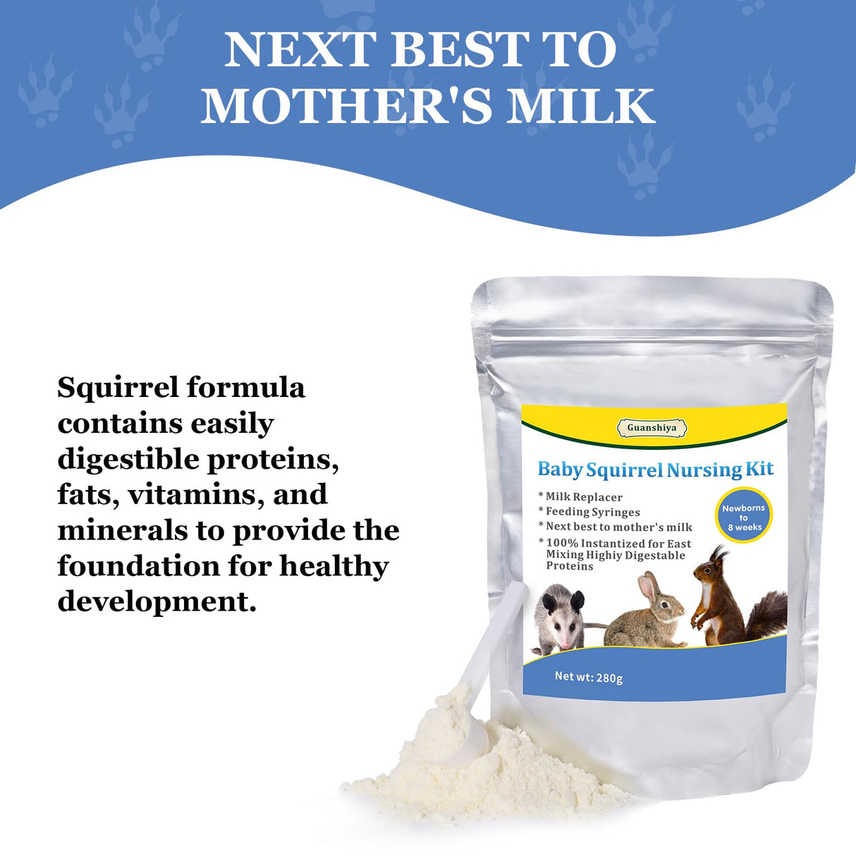 Baby Squirrel Formula Kit,100% Instantized for Mixing Digestible Proteins, Milk Replacer for Squirrel, Rabbit, Opossum, with Feeding Syringes(280 g)