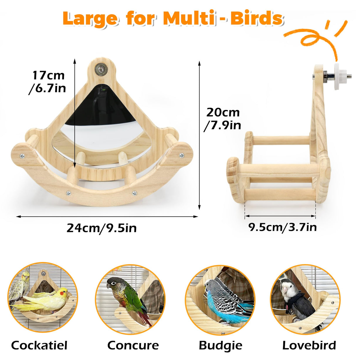Bird Perch Toy with Mirror for Cage, Interactive Rocking Parakeet Toys and Perches, Wood Exercise Wheel Cockatiel Toys, Birds Enrichment Toy for Parrot, Bird Cage Accessories Perch for Budgies Conure