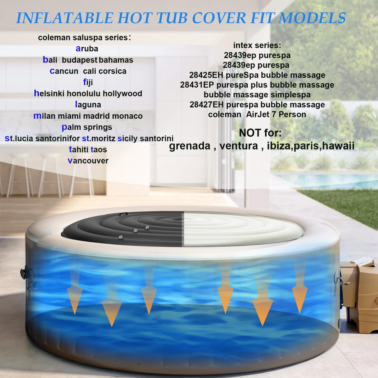 Inflatable Hot Tub Cover Round Replacement, Fit Saluspa Coleman Intex Spa Cover, Insulated Energy-Saving Weatherproof Lid, Unique Design Flexible Adjust Pool Cover Size-Life Time Support