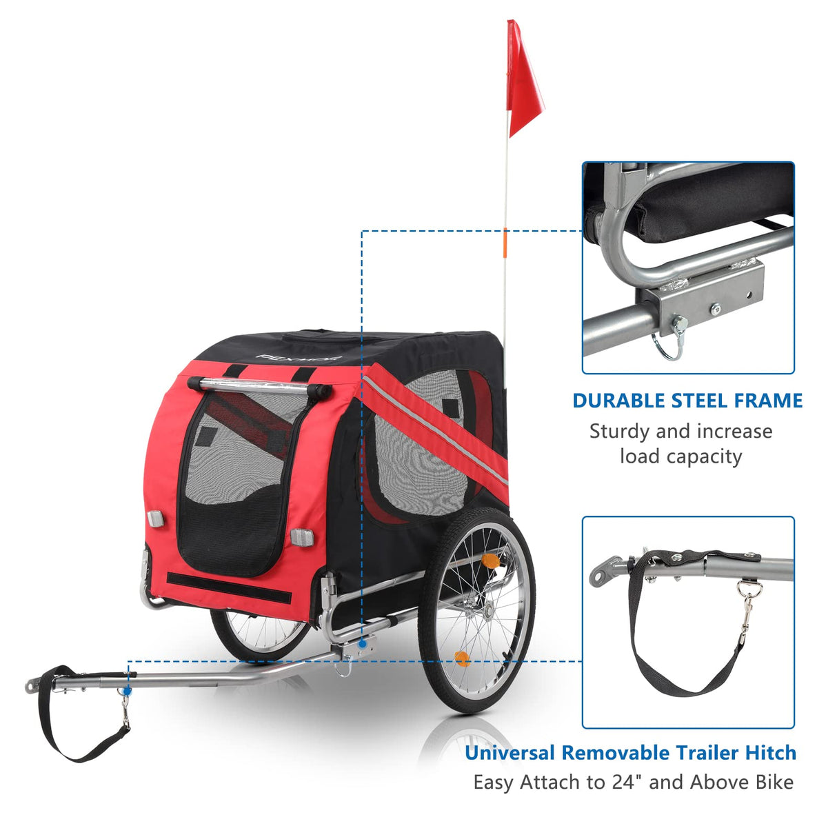 PEXMOR Dog Bike Trailer, Folding Bike Trailer for Dogs, Pet Trailer Cart for Bicycle, Bike Cargo Wagon Carrier Attachment w/Universal Hitch & 20" Quick Release Wheel Red